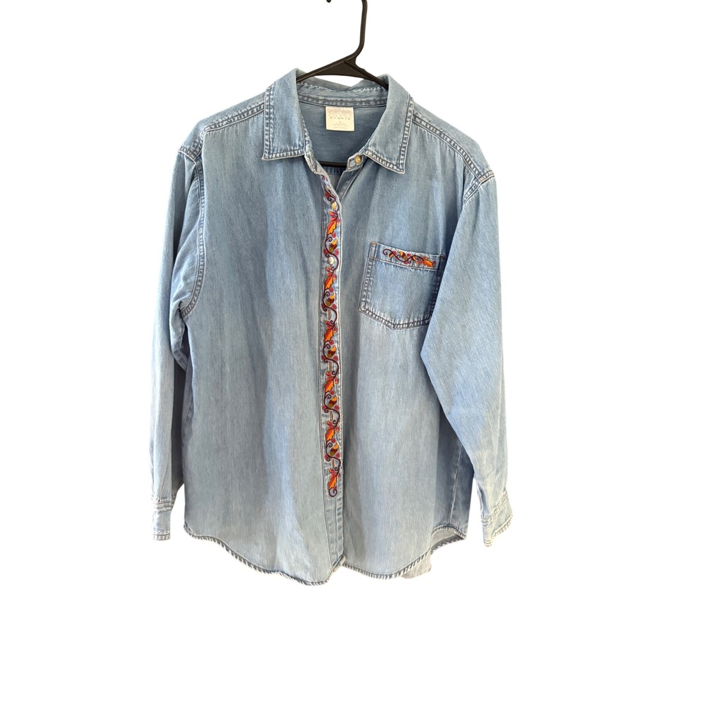 Studio Vintage Fall Large Denim Shirt Western Floral Embroidered‎ Button Down